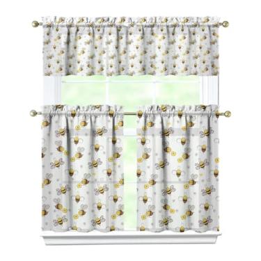 Imagem de Nojuikm Conjunto de 3 peças de cortinas e sanefas de cozinha de abelha, decoração de janela pequena, design de cortinas sobre a pia para cozinha, quarto, lavanderia, decoração de casa 70 x 91 cm