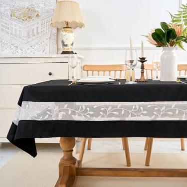 Imagem de youngseahome Toalha de mesa de tecido resistente com borda de renda bordada requintada - à prova d'água/resistente a vincos - para jantar, interior e exterior, casamento, férias, preto, retangular 152
