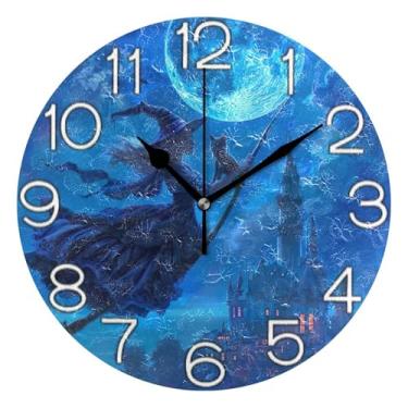 Imagem de GAIGEO Relógio de parede analógico decorativo relógio de cozinha rústico redondo sem tique-taque silencioso, decoração de parede moderna para sala de estar, lua azul, castelo de bruxa, 25 cm