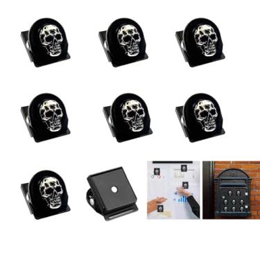 Imagem de Conjunto de 8 ímãs de geladeira GothStyle com clipe de caveira - clipes de esqueleto góticos pretos para cozinha e frigorífico e quadros brancos de escritório - Suportes exclusivos para decoração