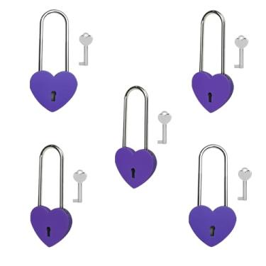 Imagem de Gradleen 5 unidades de cadeado de coração único roxo de 3,5 polegadas com chave, cadeado de amor de 50 mm para ponte Lovelock, caixa de joias, livro diário, caixa de cartão