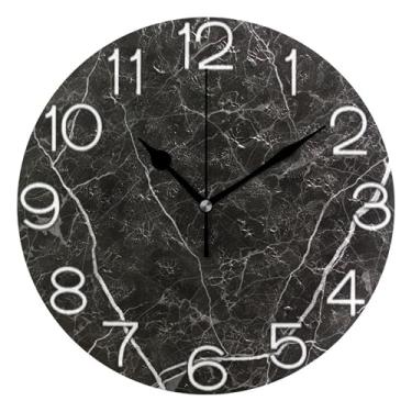 Imagem de GAIGEO Relógio de parede decorativo analógico relógio de cozinha bonito operado por bateria silencioso, decoração de parede de casa de fazenda moderna mármore preto clássico artístico, 25 cm
