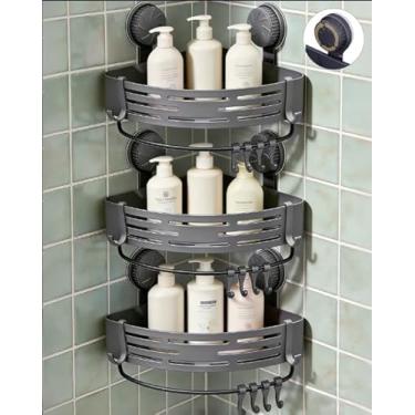 Imagem de Pacote com 3 suportes de chuveiro de canto com ventosas Twist-Lock e uma camada adesiva ultra-forte pré-aplicada, o organizador de chuveiro sem broca com barra de toalha e orifícios de drenagem para