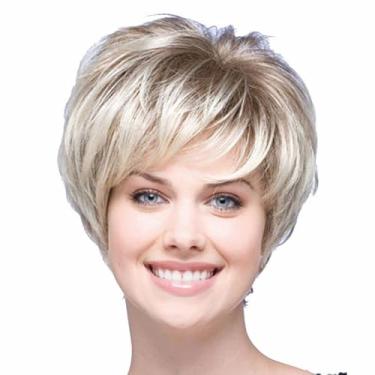 Imagem de Peruca curta reta com franja – 25 cm, unissex, fibra sintética resistente ao calor, fibra de alta temperatura, 100% de densidade, touca de rede rosa, elegante e confortável para uso diário e férias