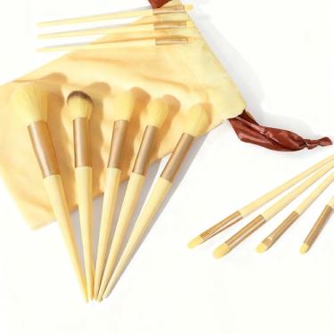 Imagem de Conjunto de pincéis de maquiagem de 13 peças com bolsa de pano – base macia e fofa, sombra, pincel de mistura, fibra sintética premium + plástico, amarelo