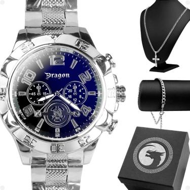 Imagem de Relogio Aço Inox Masculino + Pulseira + Cordão Cruz inoxidável pai nosso casual religioso catolico