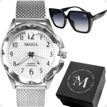 Imagem de Relogio prata prova dagua aço feminino + oculos sol + caixa aço inoxidavel strass moda social preto