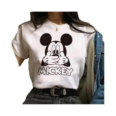 Imagem de Camiseta Feminina Kawaii Disney Mickey Minnie Mouse Estampa Algodão Co