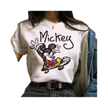 Imagem de Camiseta Feminina Kawaii Disney Mickey Minnie Mouse Estampa Algodão Co