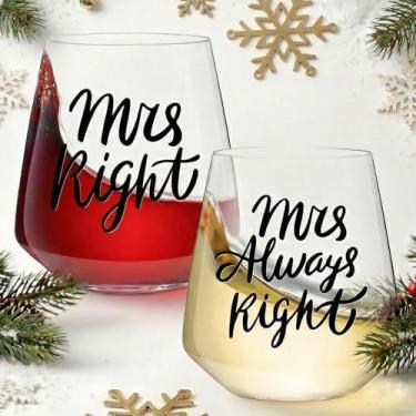 Imagem de Physkoa Funny Lesbian Wine Cups – Mrs & Mrs Stemless Wine Cup Set – "Mrs Right" e "Mrs Always Right" – Presente de casamento, noivado ou aniversário para casais lésbicos, 425 g