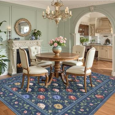 Imagem de GarveeHome Tapetes de área de 15 x 23 cm, lavável, azul marinho, boêmio, floral, antiderrapante, resistente a manchas, vintage, estampa botânica, tapete macio para quarto, sala de jantar, berçário