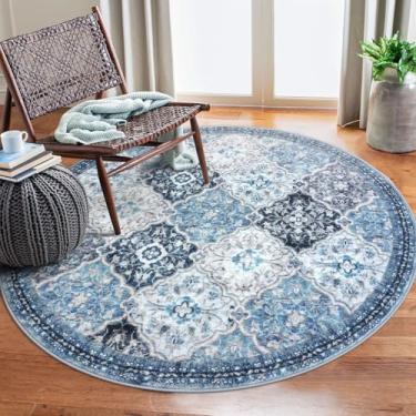 Imagem de KILOCOCO Tapete redondo marroquino de 1,5 m, tapete de cozinha lavável, antiderrapante, tapete de entrada azul, estampa abstrata, tapete de lã sintética para sala de jantar, quarto, azul/multi