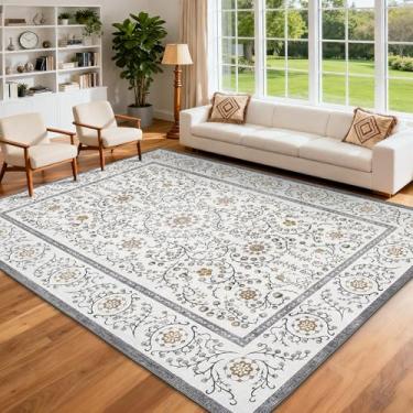 Imagem de GarveeHome Boho Tapete de área 12 x 18 cm para quarto, tapetes florais vintage para sala de estar com pelo baixo macio, antiderrapante, botânico, lavável, 12 x 18 cm, para sala de jantar, tapete cinza