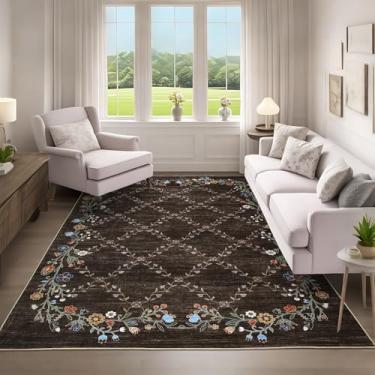Imagem de GarveeHome Tapete lavável 10 x 15 cm para sala de estar, quarto, lavável à máquina, tapetes florais modernos para berçário, tapetes botânicos contemporâneos antiderrapantes para sala de jantar, marrom