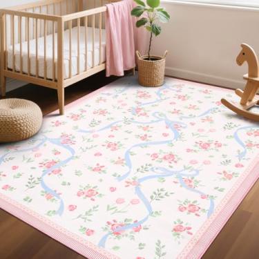 Imagem de GarveeHome Tapetes Coquette rosa e azul para quarto de meninas, 10 x 15 cm para sala de estar com pelo baixo macio, tapete floral rosa lavável para berçário, sala de jogos, dormitório, escritório
