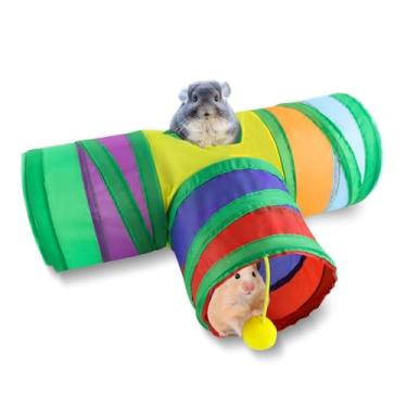 Imagem de MultiValue Túnel de porquinho-da-índia de 3 vias, túnel dobrável de hamster, rabanete, arco-íris, coelho, túneis e couros com bola pendurada, esconderijo de pequenos animais para brincar de esconder