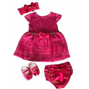 Imagem de Kit Vestido Calcinha Sapatinho Laço Roupa Bebe 0-6 meses 4pc - Lala Lu