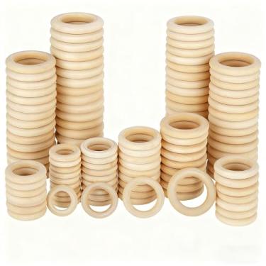 Imagem de 5 peças de anéis de artesanato de madeira natural inacabados - espaços em branco circular de madeira lisa para fabricação de joias de macramê, conectores de pingente DIY, projetos criativos de