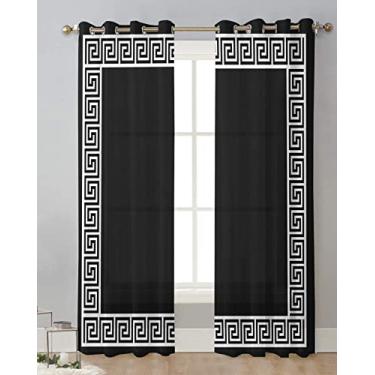 Imagem de Cortinas transparentes de 203 cm de comprimento, design geométrico, chave grega, tratamento de janela de voile, conjunto de 2 painéis, cortinas pretas com ilhós, painel semitransparente, cortinas para