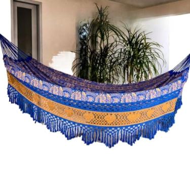 Imagem de Rede Descanso Casal Reforçada 4,5m Rede De Descanso Casal Algodão(AZUL COM CARAMELO)