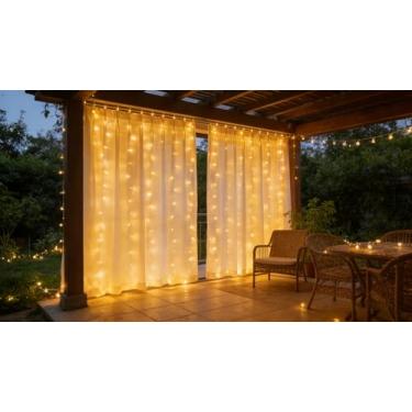 Imagem de Luzes de cortina de fadas de 300 LEDs, 24 x 2,5 m, plug-in USB, 8 modos, cordão de luzes para pendurar para quarto, decoração de parede interna, branco quente, padrão – 1 pacote