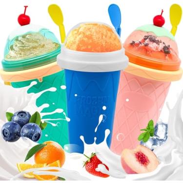 Imagem de Copo Slushie, pacote com 3 copos congelados mágicos, copo reutilizável para suco, sorvete, iogurte de leite, copos de smoothie DIY com tampa e canudo para crianças, amigos e familiares (azul + rosa +