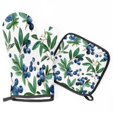 Imagem de Luvas de forno e suportes de panela para pintura em aquarela de mirtilo, luvas de forno de cozinha resistentes ao calor, almofadas quentes para cozinhar, assar, grelhar