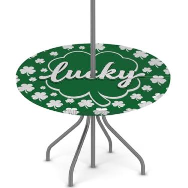 Imagem de Pardick Toalha de mesa redonda para uso ao ar livre com furo de guarda-chuva de 91,4 a 111,8 cm, toalha de mesa elástica com zíper, trevo da sorte, para uso externo, redonda, impermeável, com zíper