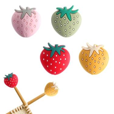 Imagem de 4 peças de rolhas de agulha, rolhas de ponto de desenho animado para agulhas de tricô, lindos protetores de ponto de agulha de tricô de morango para iniciantes, tricô, artesanato, faça você mesmo