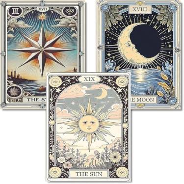 Imagem de Pacote com 3 kits de arte de tarô de diamante para adultos, o sol e a lua, kits modernos de pintura de diamante 5D com pontos de diamante, artesanato com ferramentas, artesanato completo redondo de