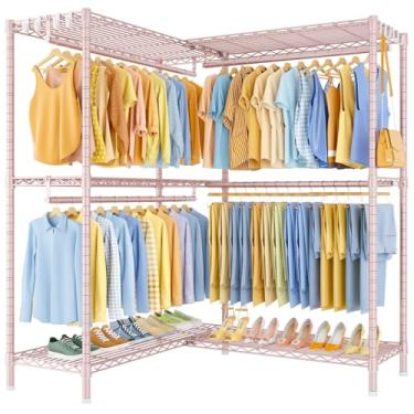 Imagem de ULIFHOME E15 Pro Suporte de roupas em forma de L para canto, suporte independente para pendurar roupas, sistema de armário resistente com 4 varões de pendurar e 8 ganchos S, 122 cm L x 48 cm P x 192