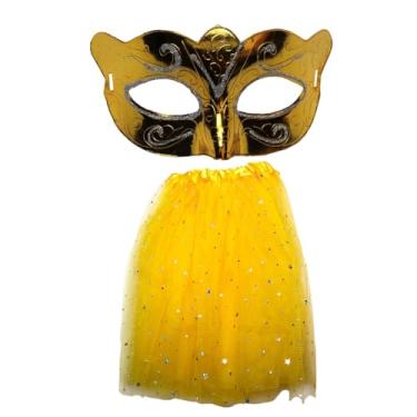Imagem de Kit Fantasia de Carnaval Máscara Com Saia Tule 40Cm Amarela