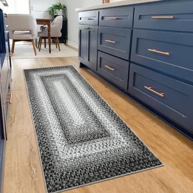 Imagem de COZYLOOM Tapete de corredor de corredor trançado 5 x 20 cm impresso rústico capa de chão lavável tapete boho antiderrapante tapete interno com detalhe boêmio para sala de estar quarto, cinza