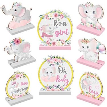 Imagem de 8 peças de decoração de chá de bebê de elefante rosa centro de mesa de elefante centro de mesa de centro de mesa de madeira para meninas placa de madeira fofa para chá de bebê, acessórios de fotos de