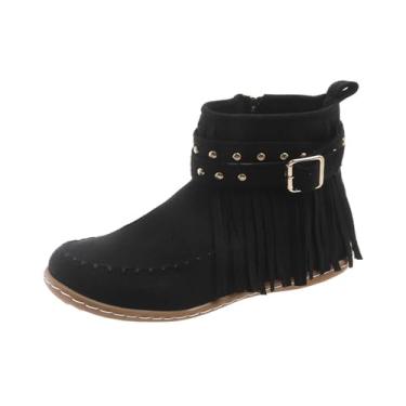 Imagem de Botas femininas modernas, casuais, versáteis, modernas, de inverno, com borla, com sola plana, fivela de cinto, zíper lateral e tornozelo, Preto, 36
