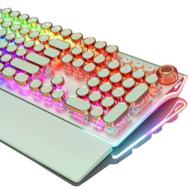 Imagem de RK ROYAL KLUDGE Teclado mecânico estilo máquina de escrever X108, teclado para jogos com fio 108 teclas RGB retroiluminado, descanso de pulso destacável, botão de volume, teclas redondas retrô