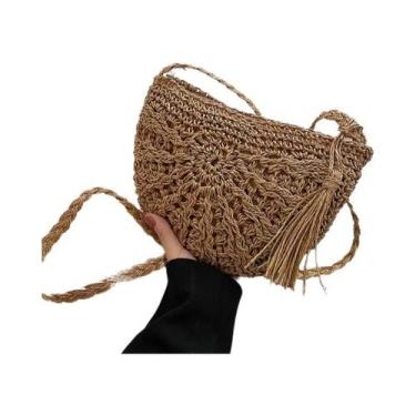 Imagem de Bolsa Transversal De Palha Semicircular Feita À Mão Para Mulheres Com 