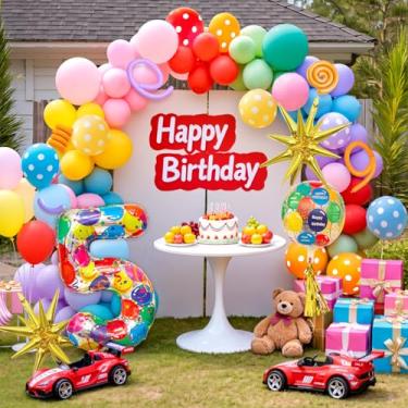 Imagem de SNLN Decorações de 5º aniversário arco-íris para meninos e meninas, enorme colorido número 5 e 4D feliz aniversário e estrela explosiva balões borlas arco-íris arco kit para decoração de aniversário