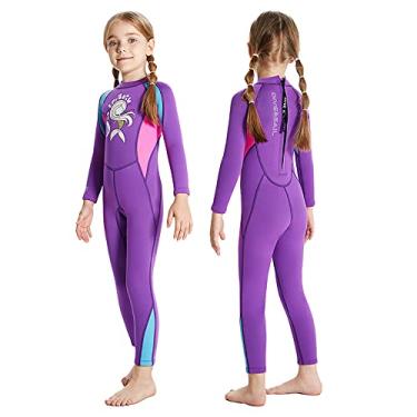 Imagem de ILAVSUN Roupa de mergulho infantil para meninas - 2,5 mm neoprene corpo inteiro roupa de banho térmica molhada manga longa maiô peça única zíper traseiro manter quente para mergulho, mergulho, natação, surfe, esportes aquáticos frios G roxo