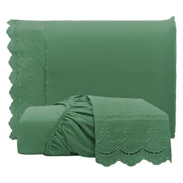 Imagem de Jogo de Lençol Realce Casal 3 Peças Percal 300 Fios Bordado Inglês Macio - Verde - 100% Poliéster