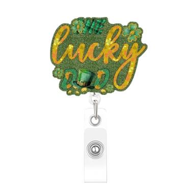Imagem de St.Patrick One Lucky Dad Carretel de crachá retrátil engraçado porta-crachá de identificação giratório 360° chapéu trevo design emblema amigo para pais, enfermeiros, funcionários de escritório