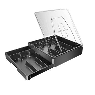 Imagem de GoCozy Organizador de talheres com tampa, organizador de talheres com 9 compartimentos, suporte de utensílios de plástico para bancada, bandeja de talheres para gaveta, preto