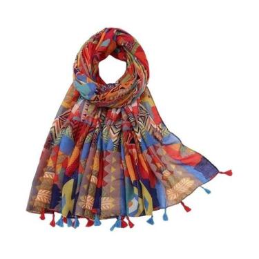Imagem de Xale Feminino De Algodão E Viscose 180x90cm Com Borlas, Estampa Floral