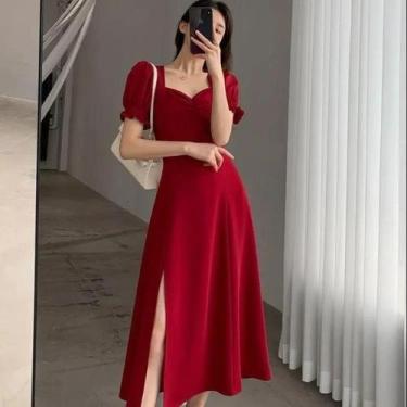 Imagem de Vestido Feminino Elegante Com Decote Em V, Manga Bufante, Fenda E Cint
