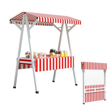 Imagem de Carrinho de comida dobrável de metal vermelho com dossel - Barraca de vendedor de cachorro-quente e sorvete, carrinho móvel portátil de bancada de 130 cm para negócios de comida de rua