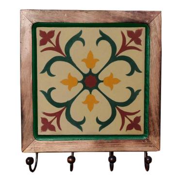 Imagem de Cabideiro Em Madeira Com Ladrilho Hidráulico Porta Chaves Roupas Bolsas Ladrilho D1