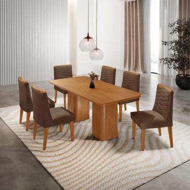 Imagem de Mesa De Jantar Eloise 180cm Tampo MDF Com 6 Cadeira Moderna Veludo Marrom Naturalle