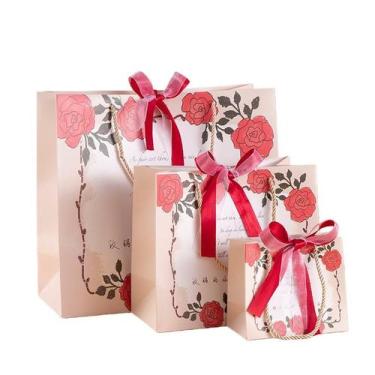 Imagem de Bolsa de presente, papelão floral rosa, pacote de casamento, 3 unidade