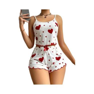 Imagem de Conjunto De Pijama Feminino Fofo Sem Mangas Com Estampa De Coração, Sh