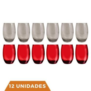 Imagem de Kit Copos de Vidro 450ml 6 Vermelho / 6 Cinza California - PRATICASA, 